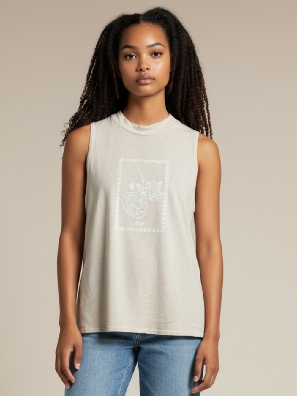 OBEY Worldwide Rose Graphic Sleeveless Tank Top Beige L Made in USA